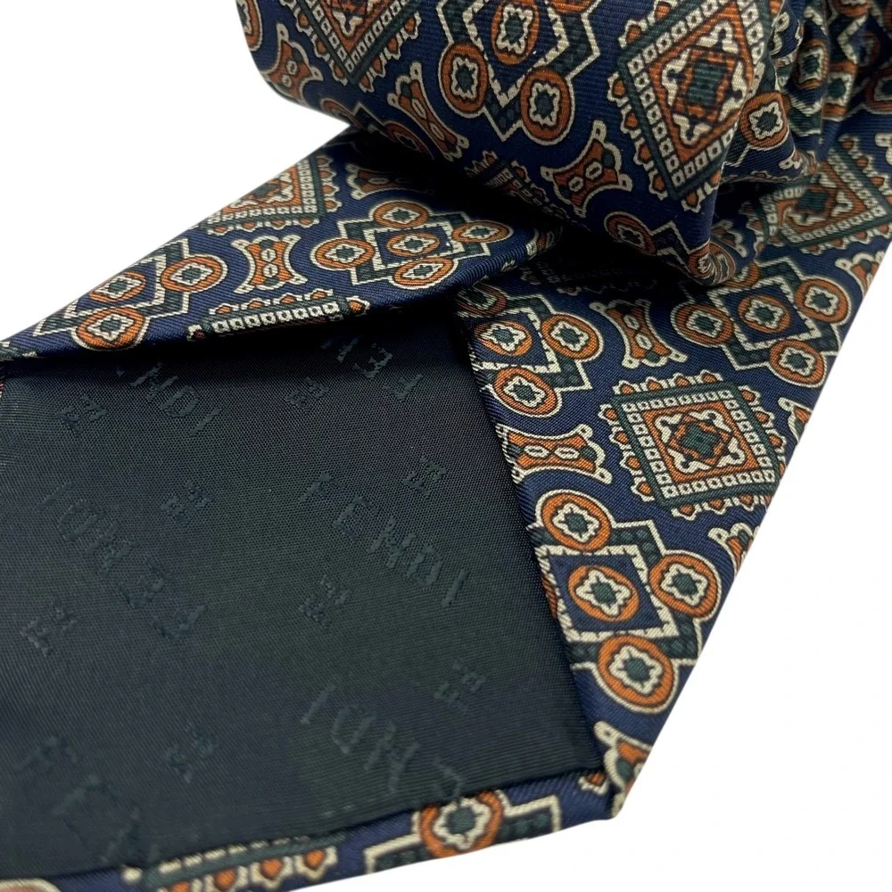 FENDI Cravatte Mens Silk Tie Navy Blue Orange Geometric Medallion Made in Italy‎